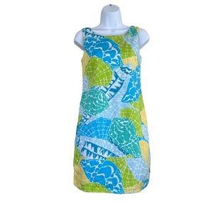 Lilly Pulitzer seashell sheath dress blue green white yellow sleeveless 0 XS